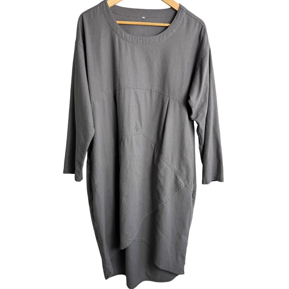 Mordenmiss Gray Linen Blend Long Sleeve Midi Dress Large Lagenlook